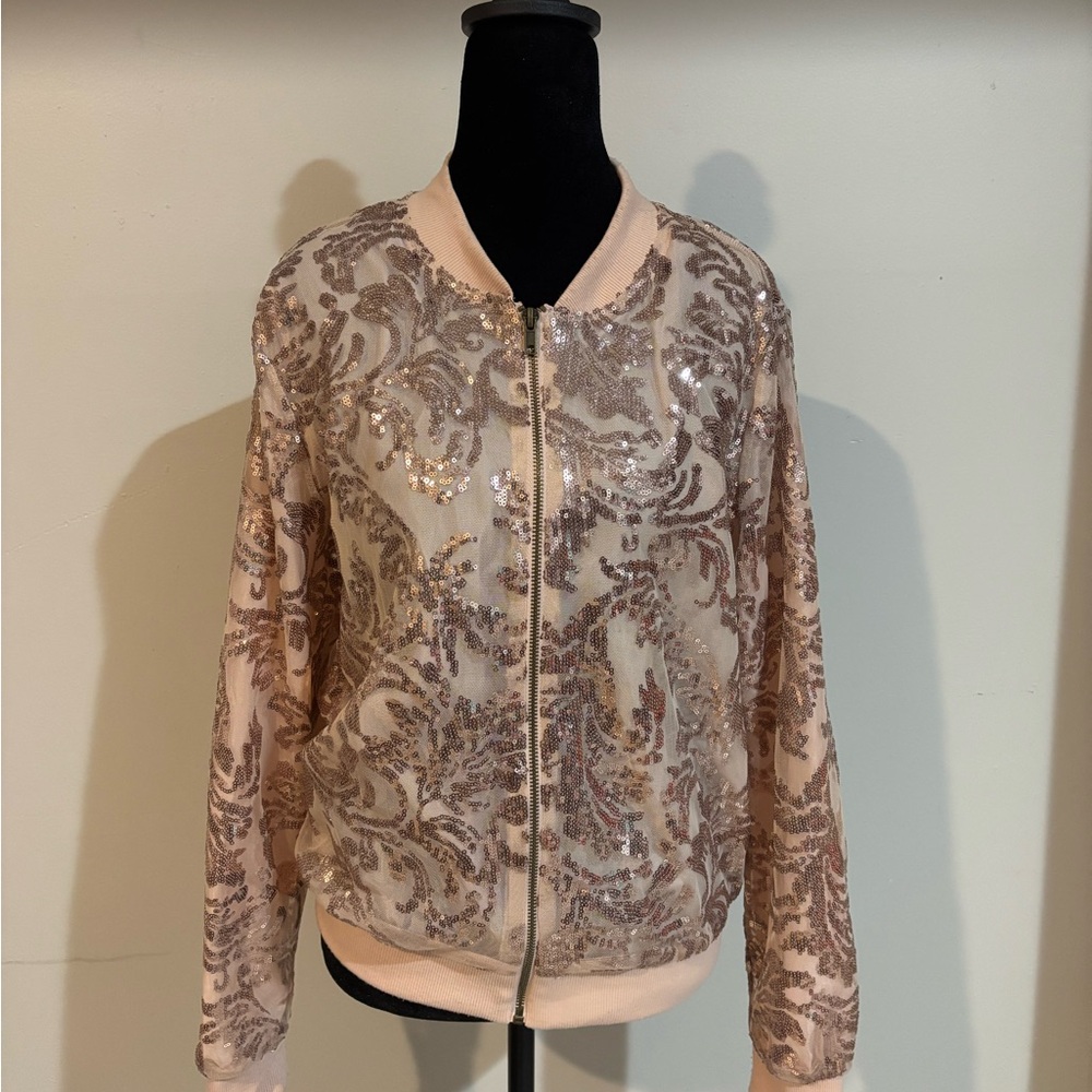 Xhilaration Pink and Gold Sequin Bomber Jacket
